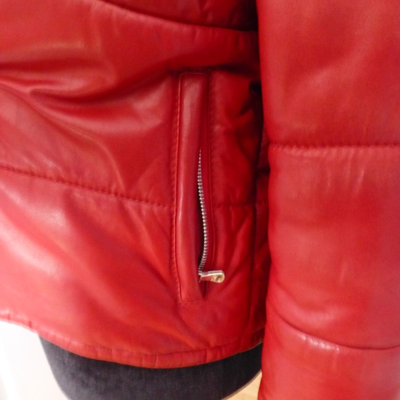 D&G Red Leather Puffer Jacket w/ Hood | Tartan Lining | XS - Picture 5 of 12